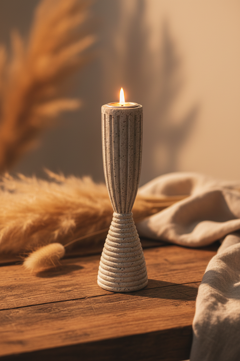 A textured ceramic candle holder with a fluted hourglass design, holding a lit tealight candle, styled on a rustic wooden table with pampas grass and a beige linen cloth in warm, golden lighting.