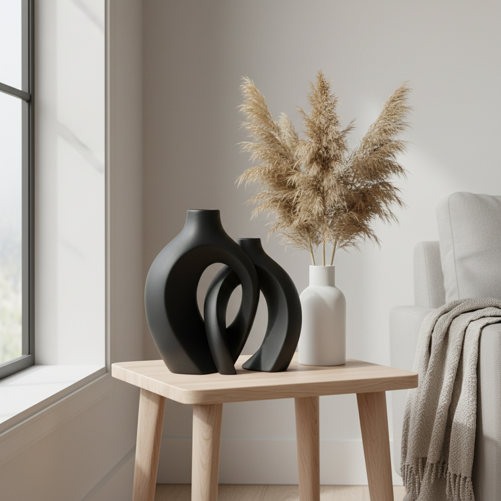 Modern Interlocking Ceramic Vase Set of 2 – Minimalist Matte Hollow Couple Vases