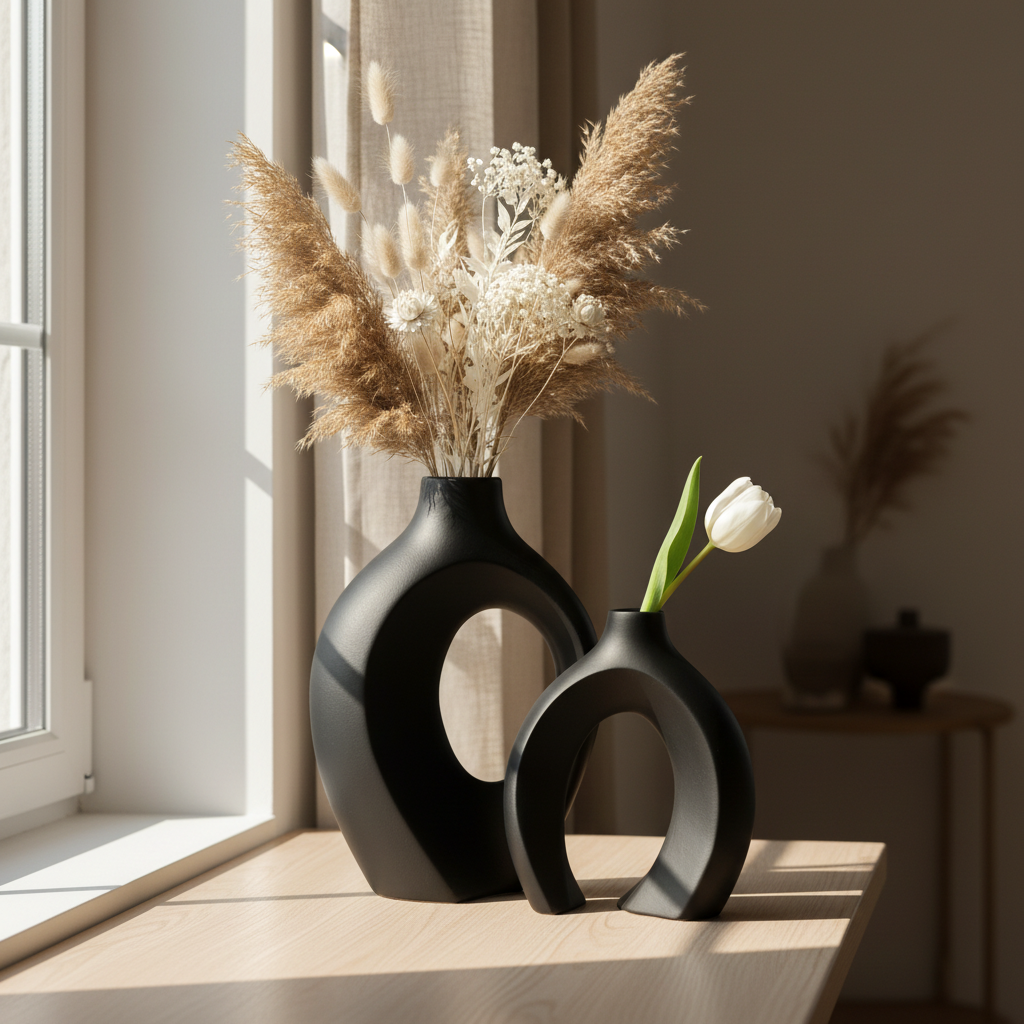 Modern Interlocking Ceramic Vase Set of 2 – Minimalist Matte Hollow Couple Vases