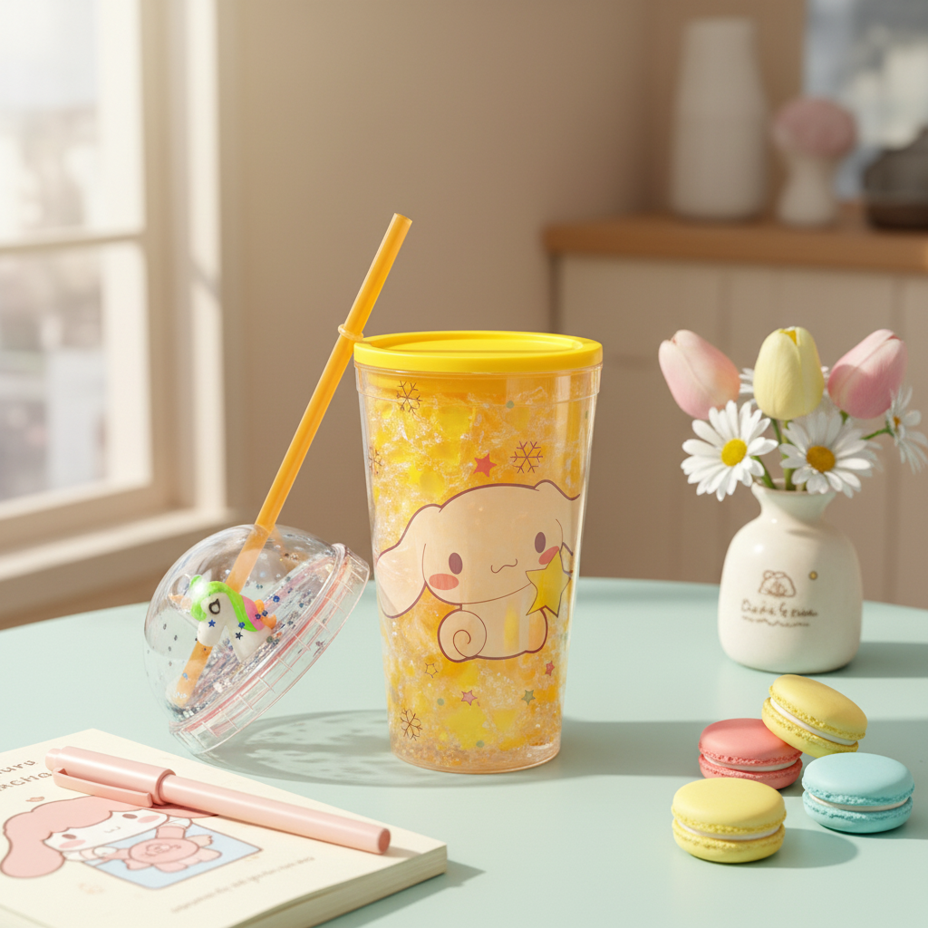 Kawaii Double-Wall Freezing Gel Tumbler with 3D Dome Lid & Straw