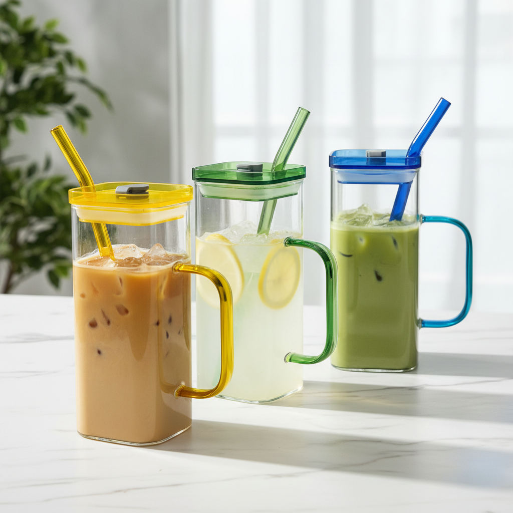 Modern Glass Mug with Lid & Glass Straw
