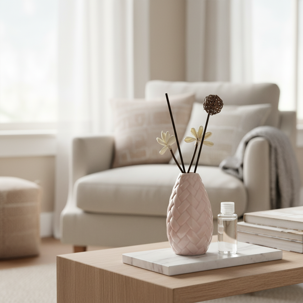 Textured Ceramic Reed Diffuser with Sola Flowers & Rattan Ball Accents