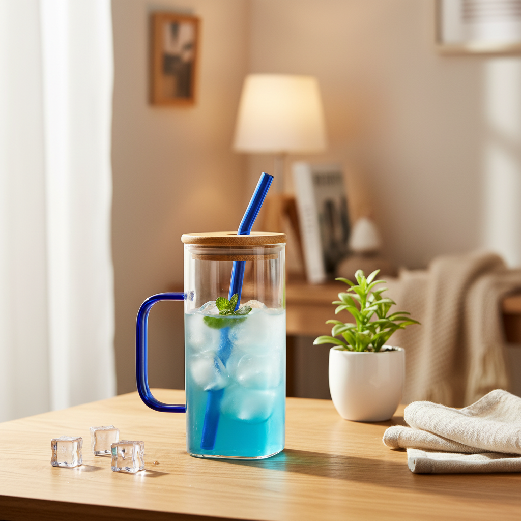 Glass Coffee Mug with Sealed  Lid & Glass Straw