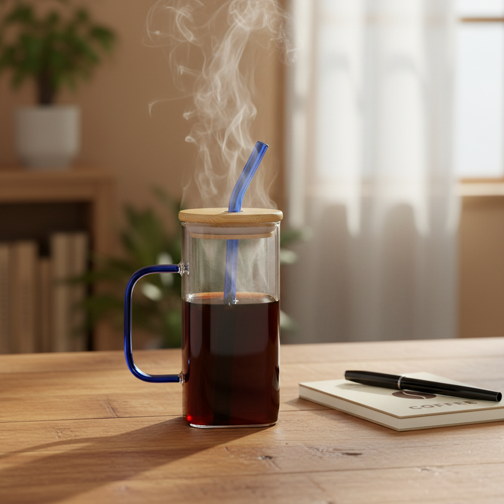 Glass Coffee Mug with Sealed  Lid & Glass Straw