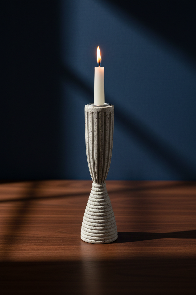 A lit white candle in a ribbed ceramic holder with a flared base, placed on a wooden table against a dark blue background with dramatic shadows.