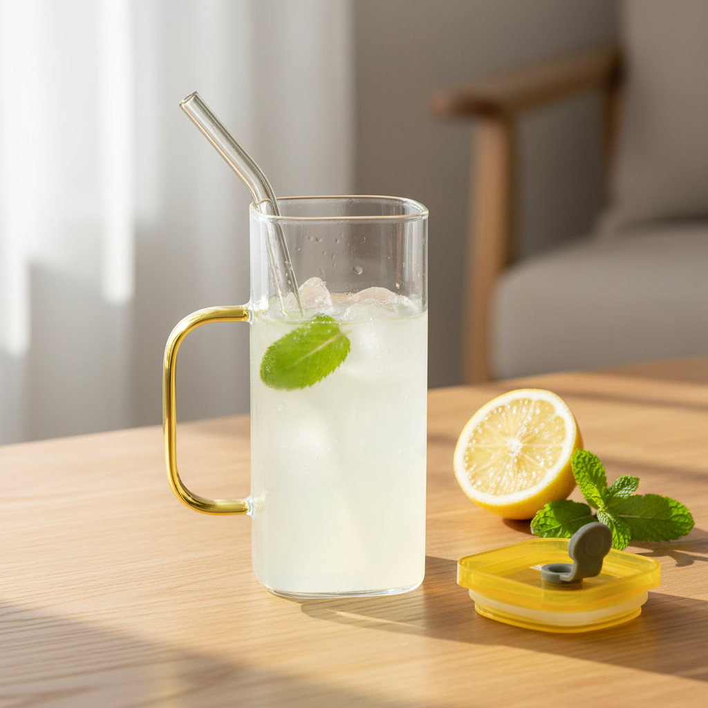 Modern Glass Mug with Lid & Glass Straw
