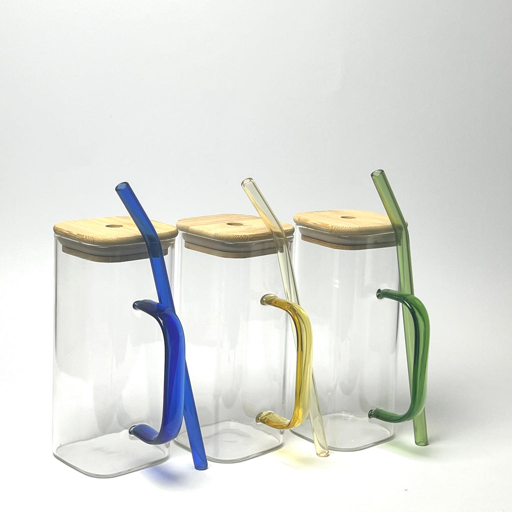 Glass Coffee Mug with Sealed  Lid & Glass Straw
